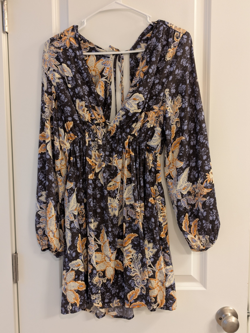 Free People Navy Blue Floral V-Neck Long Sleeve Mini Dress with Gold Accents